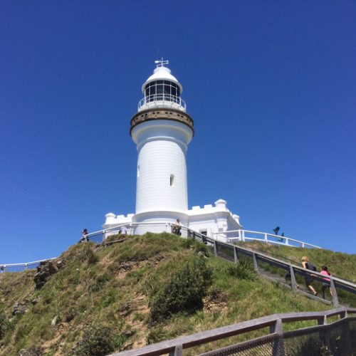 Low Angle View Of Cape Byron Lighthouse Against Clear Blue Sky